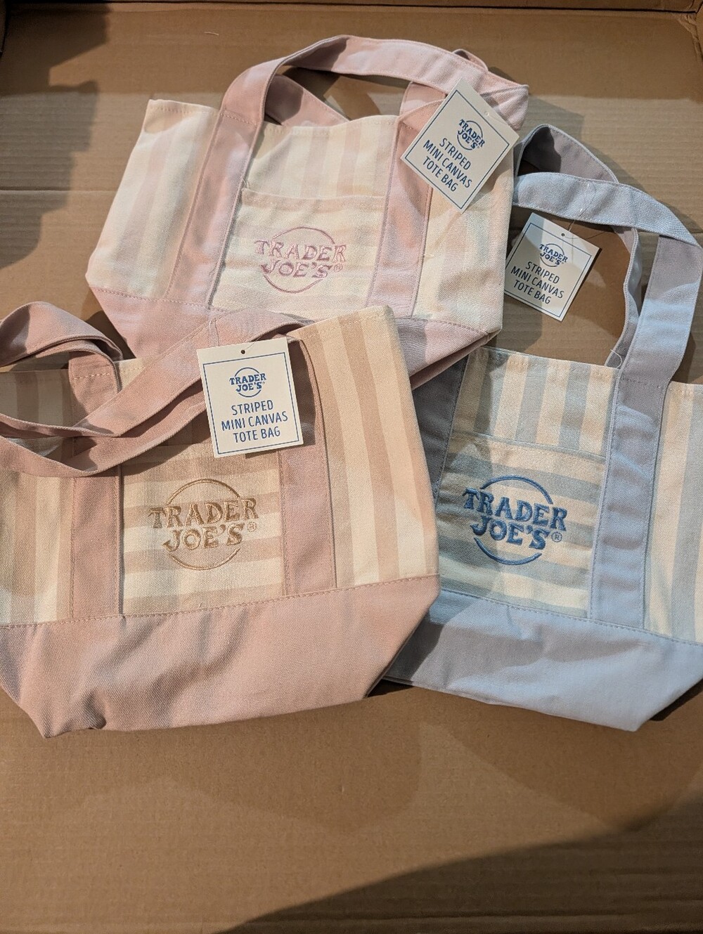 Trader Joe's Striped Mini Canvas Tote Bag Set of 3 NWT Pink Tan Blue Rare Viral